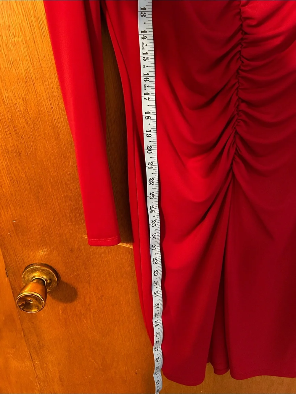 Narciso Rodriguez Ruched V-Neck Long Sleeve Red Sheath Dress